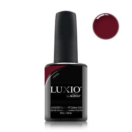 Luxio nail gel polish bottle with a swatch of rich berry color on a white background