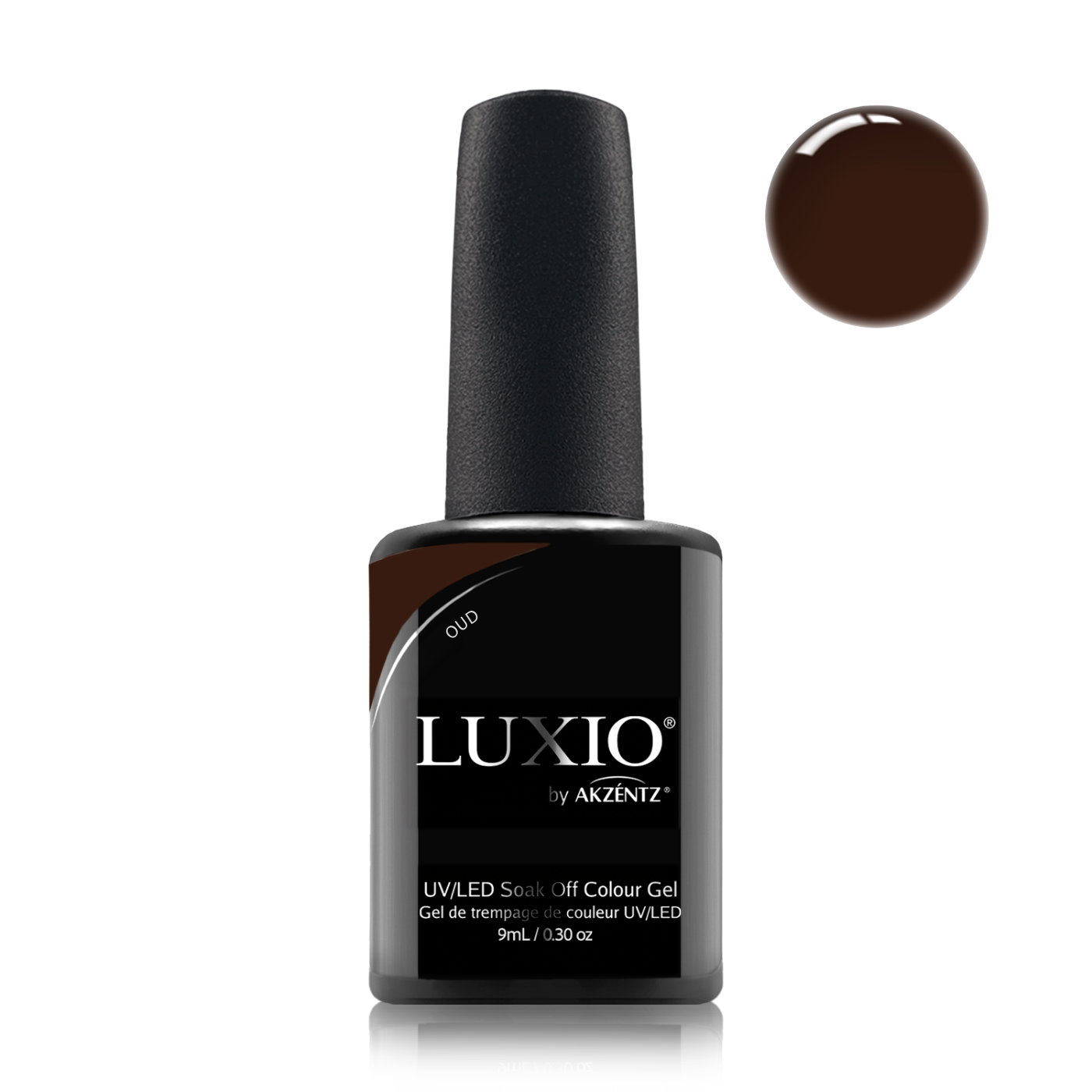 Luxio nail gel polish bottle with a swatch of brown color on a white background